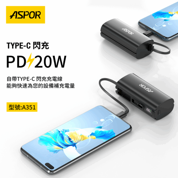A351/A352 MINI 數顯快充版隱藏收腳口袋充行動電源