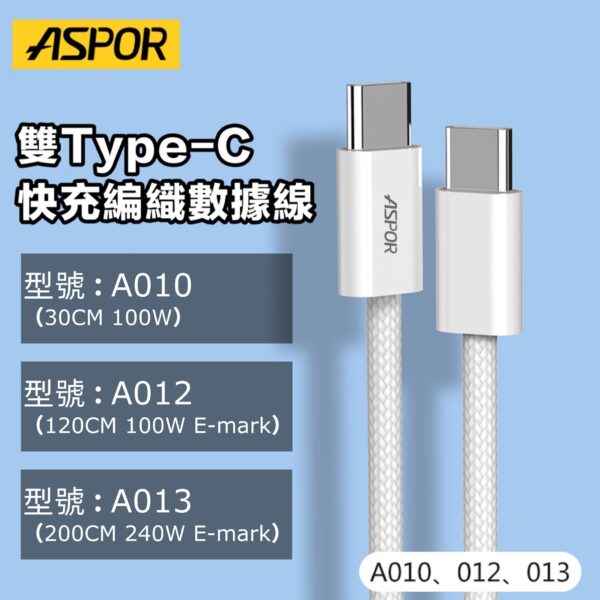 A010/A012/A013PD 快充編織數據線 快速資料傳輸線、快速充電二合一 100W E-mark