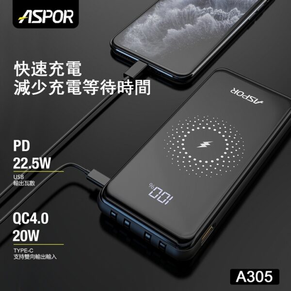 A305 自帶四線PD+QC快充 無線快充行動電源
