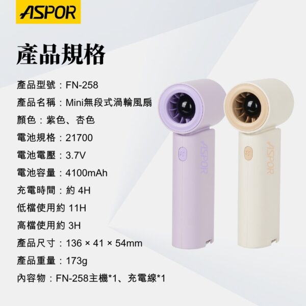 ASPOR FN-258 Mini 無段式渦輪風扇