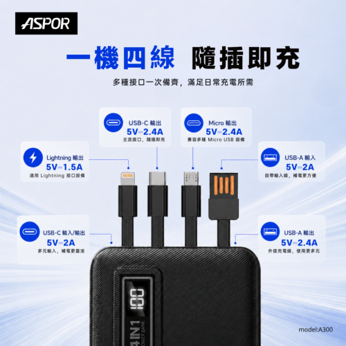A300自帶四線行動電源
